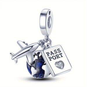 Silver Plated Airplane Passport Earth Pendant Bracelet Charm